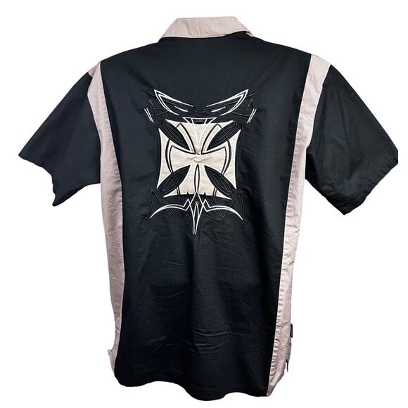 Rockhouse Roadhouse LA Biker Choppers Snap Up Colorblock Beige Black Shirt Large - Picture 1 of 8